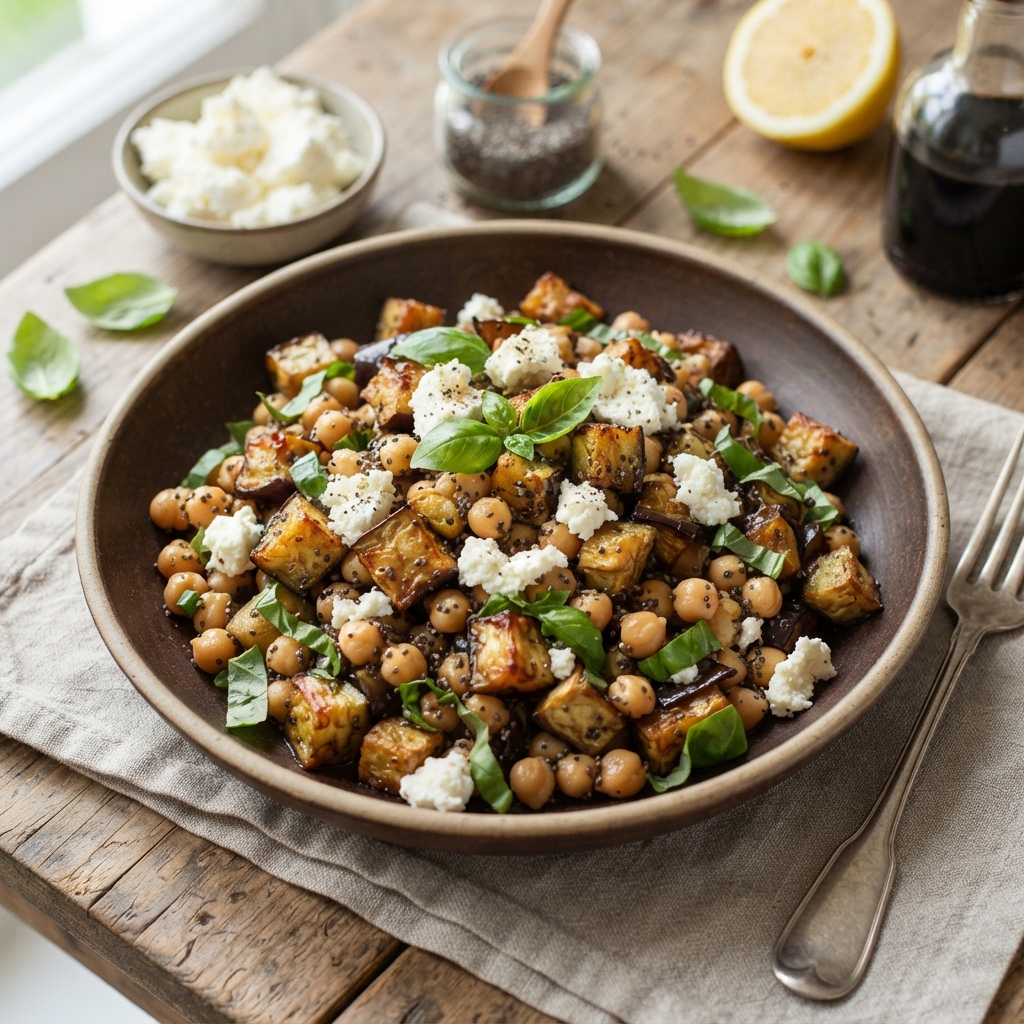 Salade de Rôti d'Aubergines Confites à la Ricotta de Brebis et Graines de Chia