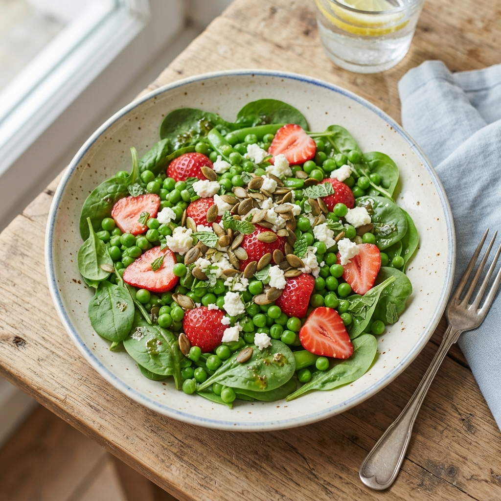 Salade d'Épinards, Fraises, Petits Pois croquants et Feta marinée aux Herbes