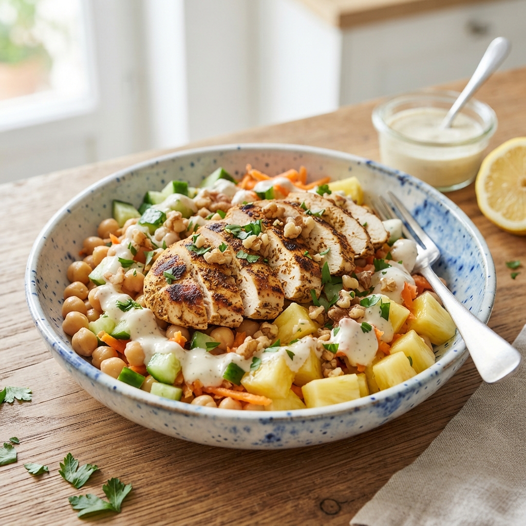 Salade Exotique de Poulet Grillé, Pois Chiches et Noix, Vinaigrette Onctueuse au Citron et Cumin