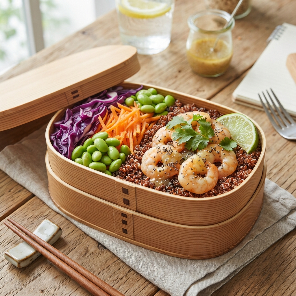 Salade froide de quinoa rouge, crevettes marinées au gingembre et déclinaison croquante d'agrumes et d'edamames