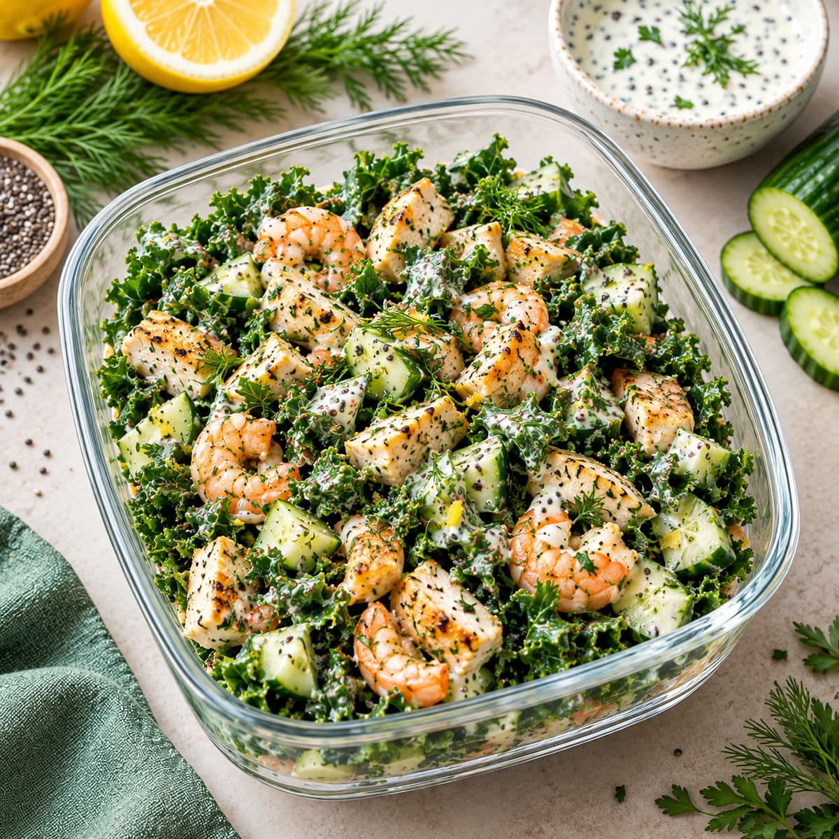 Salade croquante de chou kale, poulet et crevettes au citron, émulsion chia-herbes