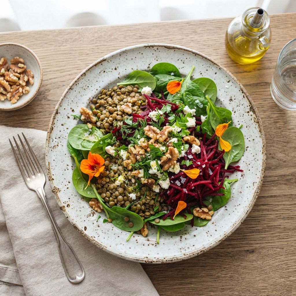 La salade de lentilles vertes du Puy, betterave crue râpée et émulsion végétale aux herbes fraîches