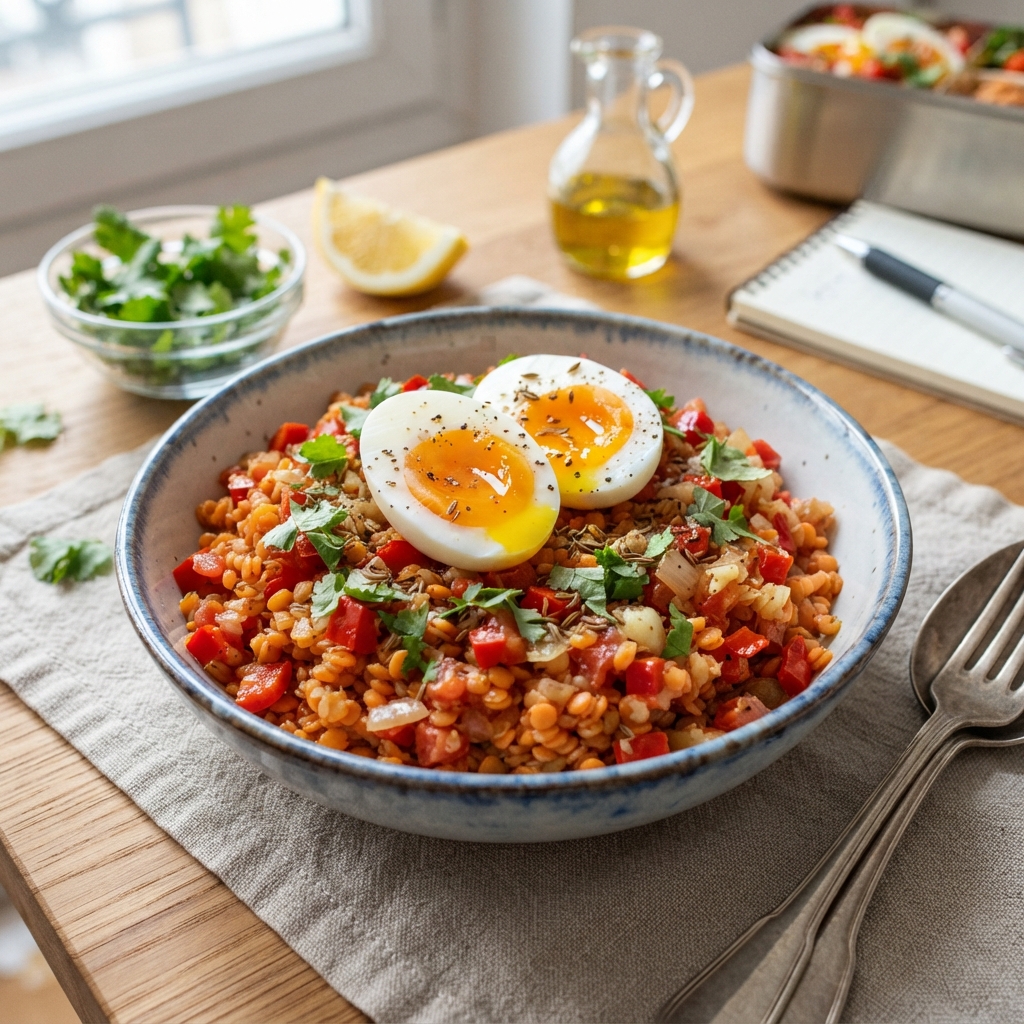 Salade Méchouia aux Lentilles Corail et Œuf Mollet