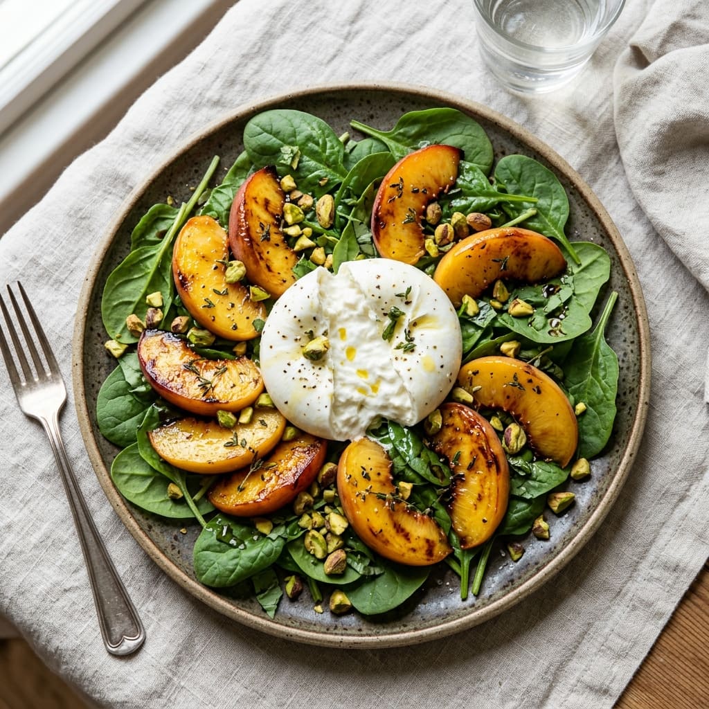Salade de pêche rôtie au thym, burrata allégée et éclats de pistache