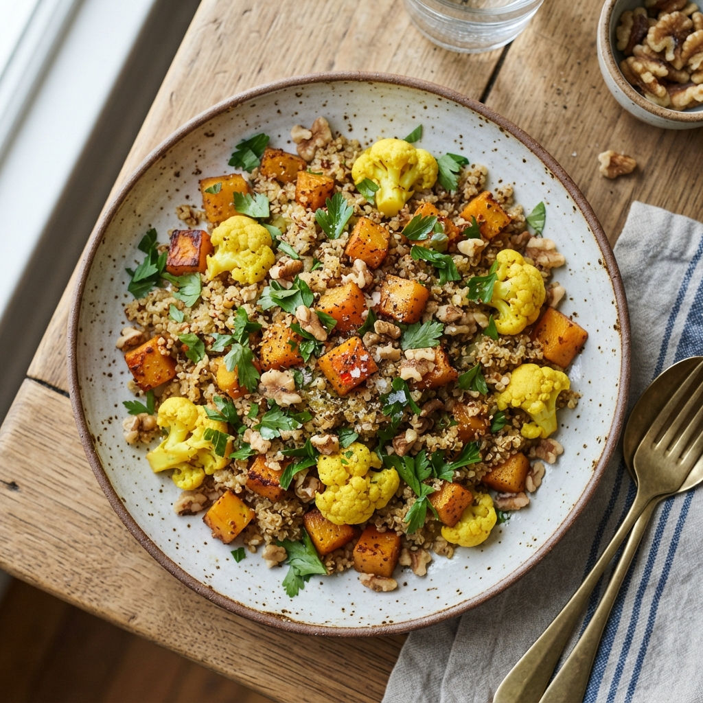 Salade de Quinoa aérien, butternut rôti aux épices douces et pickles minute de chou-fleur acidulé