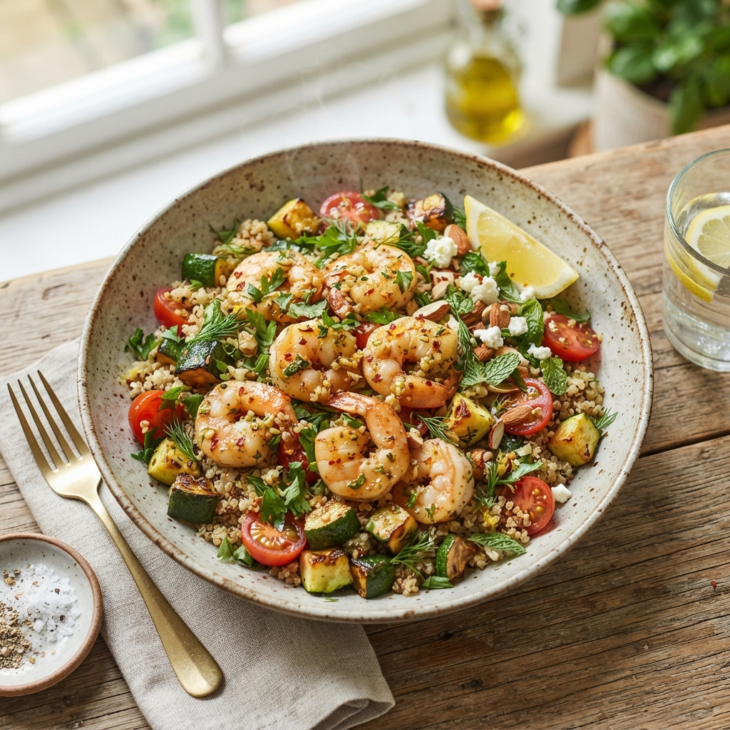 Salade tiède de crevettes à l'ail et aux herbes vives