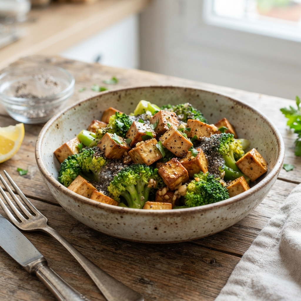 Sauté de Brocolis à l'Ail, Tofu Ferme et Graines de Chia