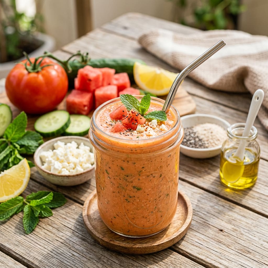 Smoothie méditerranéen rafraîchissant à la tomate, pastèque et féta