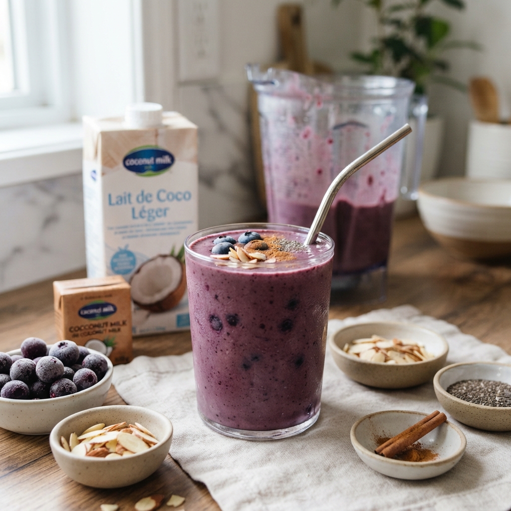 Smoothie protéiné sans lactose aux myrtilles et aux amandes