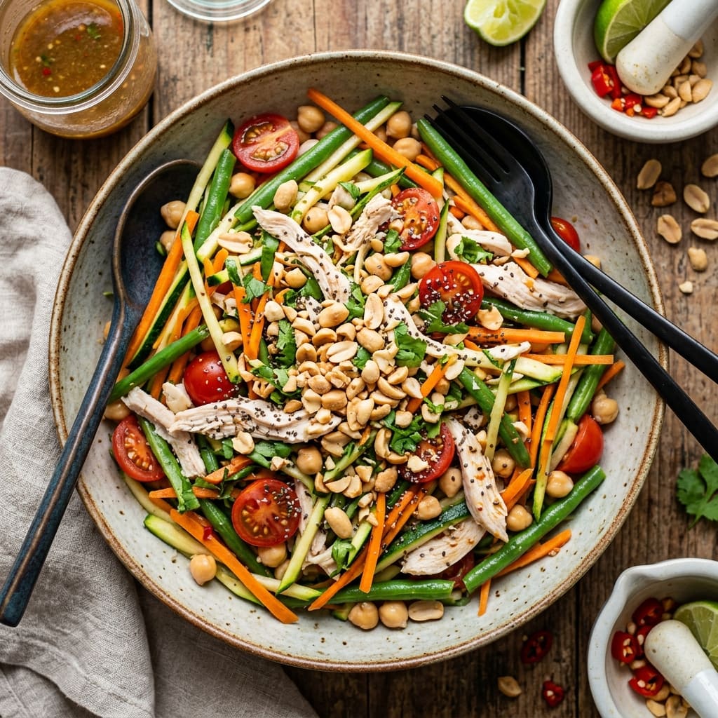Som tam de courgette et poulet poché, cacahuètes et vinaigrette acidulée