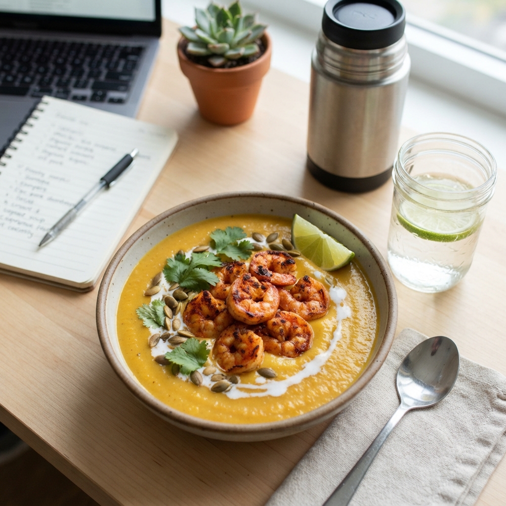 Soupe carotte, gingembre & crevettes grillées