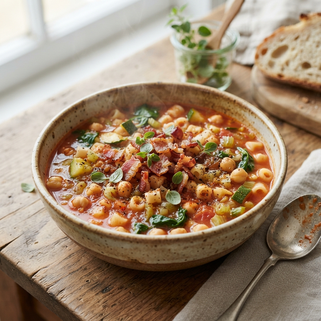 Soupe Ditalini, pois chiches & bacon croustillant