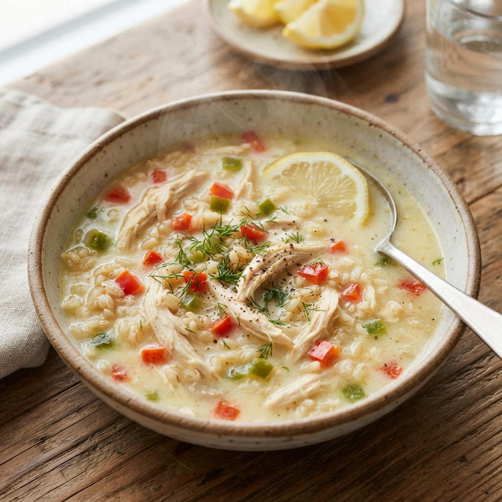 Soupe grecque légère au citron, poulet effiloché et riz complet