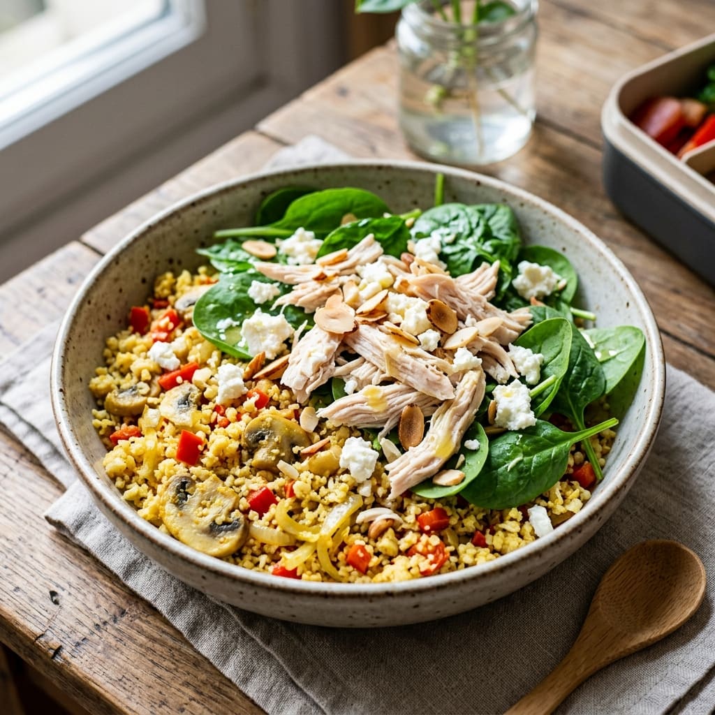 Taboulé de chou-fleur doré au poulet effiloché, épinards et amandes croquantes
