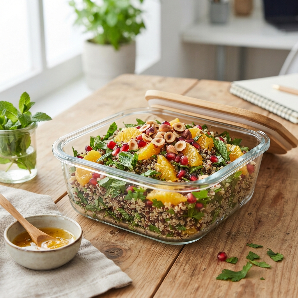 Taboulé vert de quinoa au suprême d'orange, menthe fraîche et éclats de noisettes torréfiées