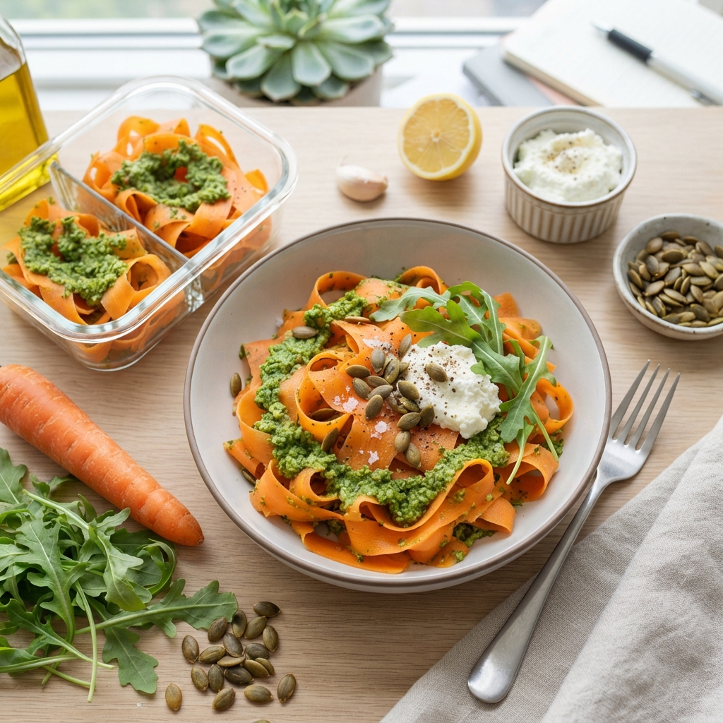 Tagliatelles de carottes croquantes au pesto de roquette et ricotta légère