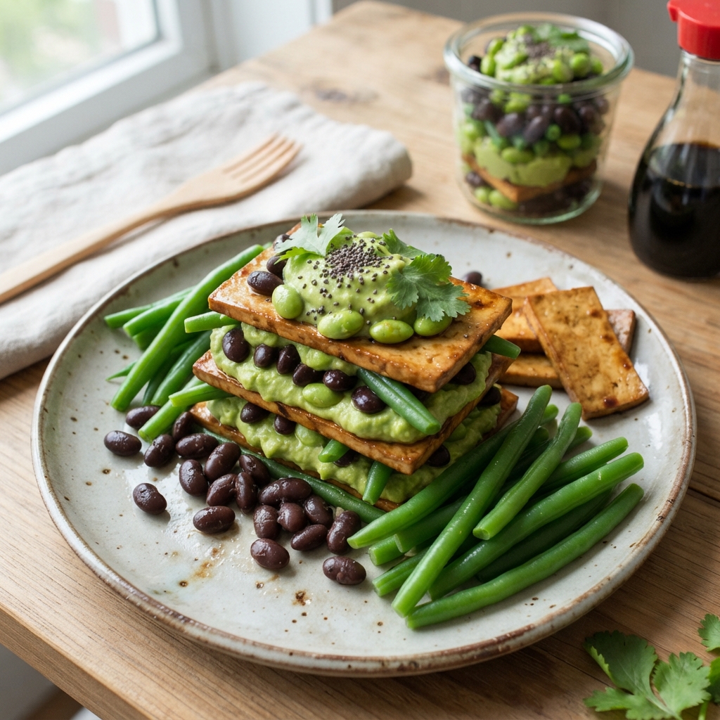 Tofu Mariné, Crème d'Edamame et Éclats de Haricots Noirs