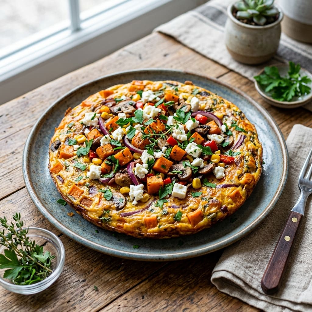 Tortilla de patate douce, fricassée de champignons et feta, au thym frais
