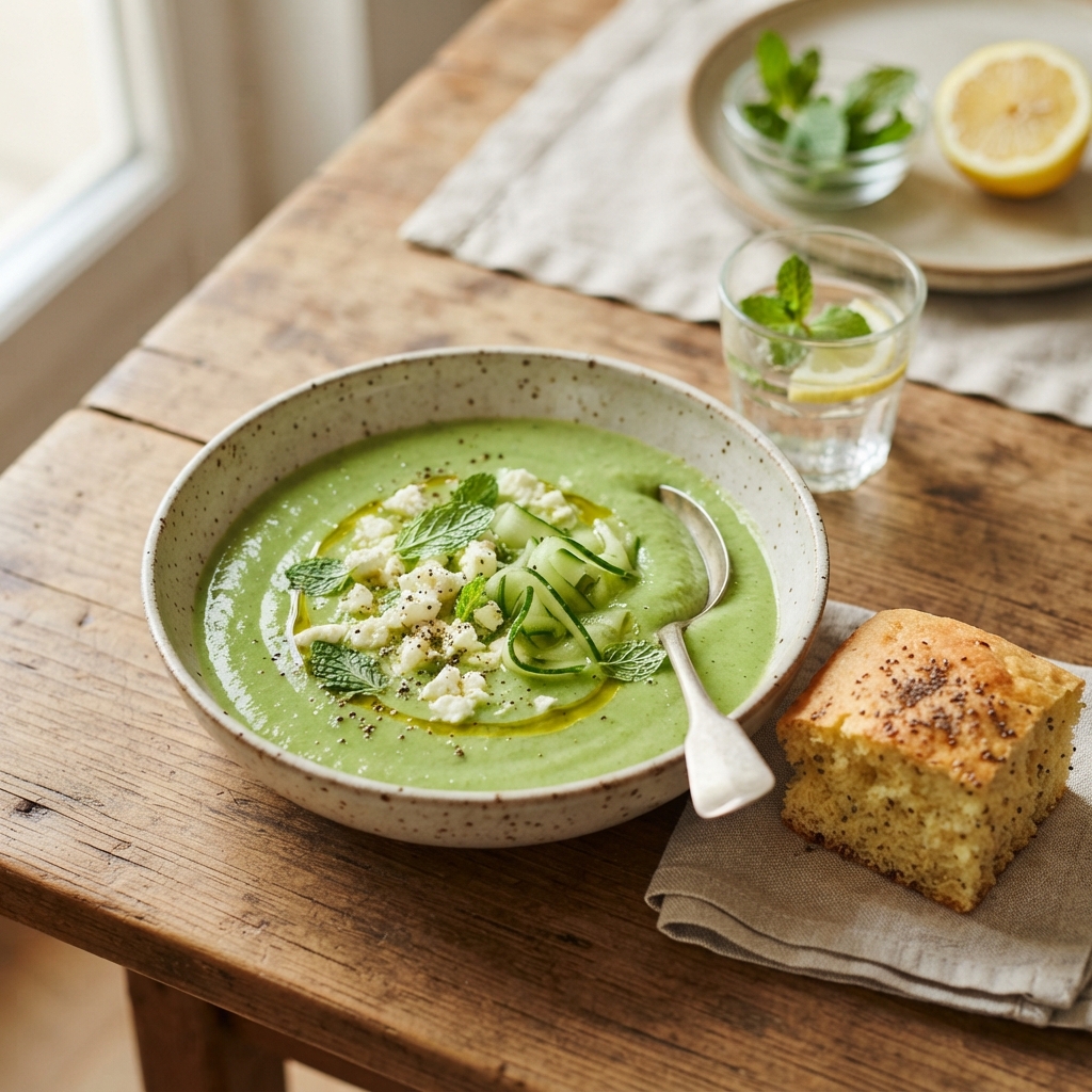 Velours vert concombre, courgette, menthe & feta avec du Pain Nuage de Chia