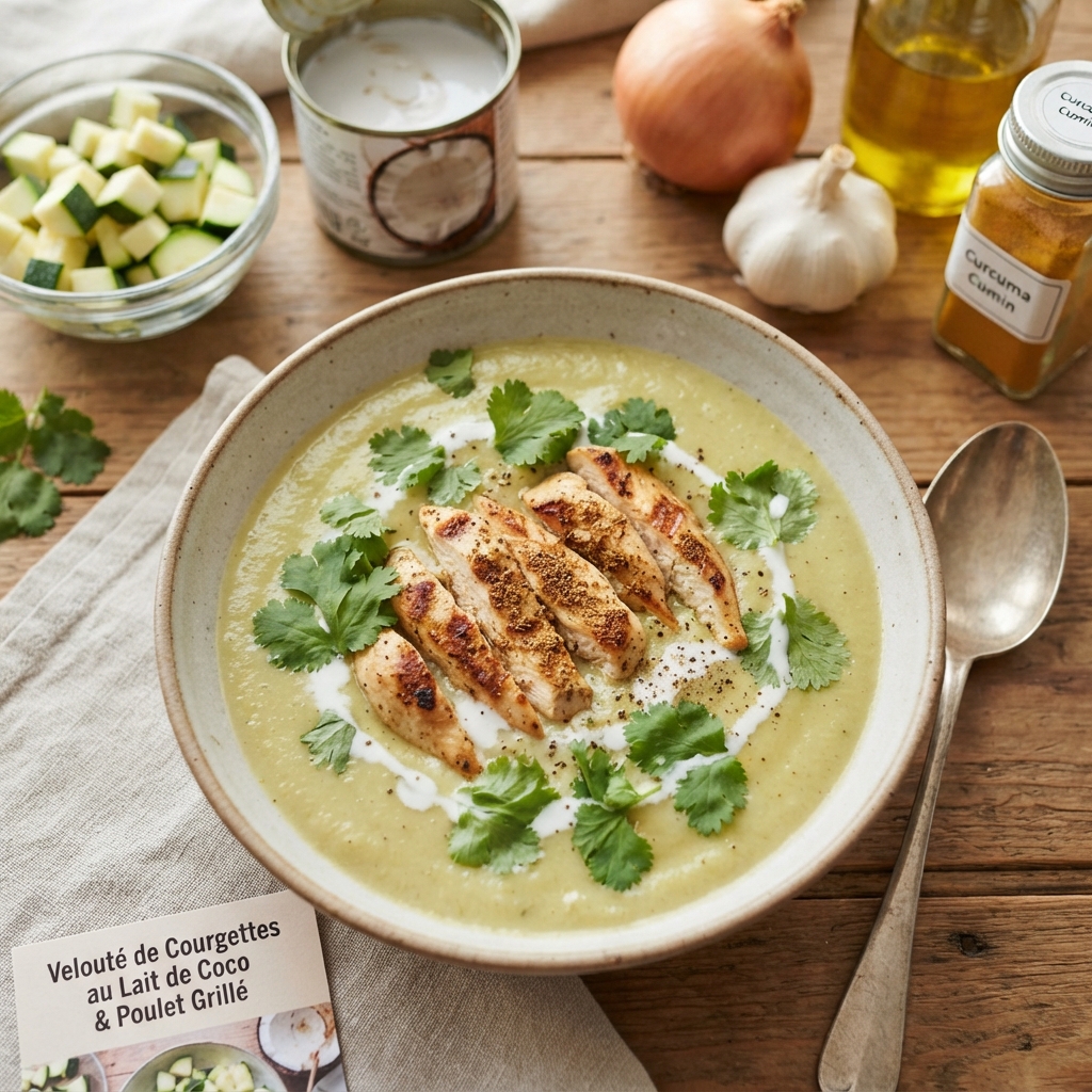 Velouté de courgettes au lait de coco & poulet grillé