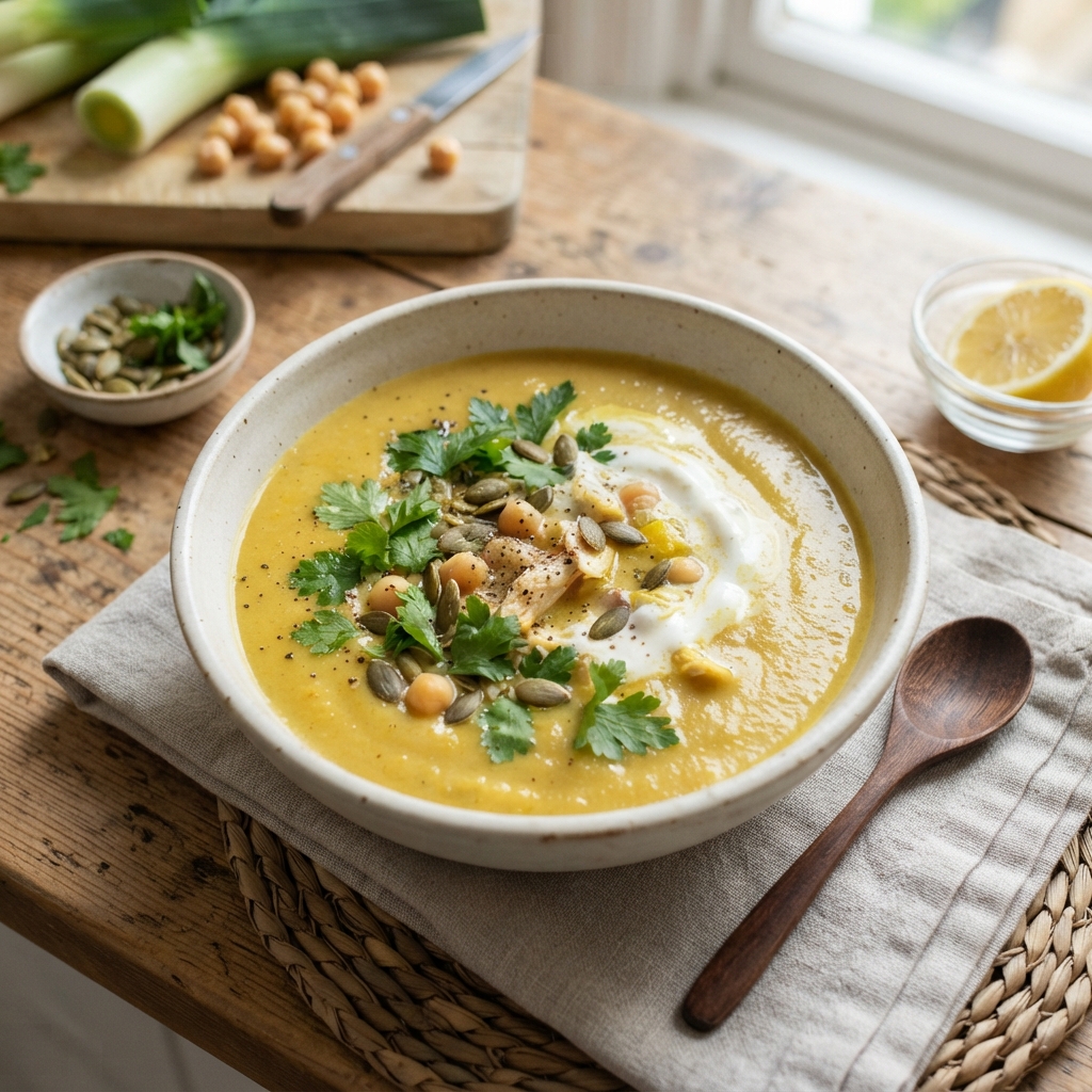 Velouté de poireaux et pois chiches au poulet citronné