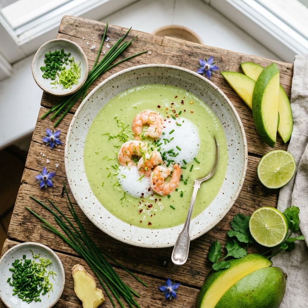 Velouté glacé de mangue verte, crevettes et émulsion de citron vert