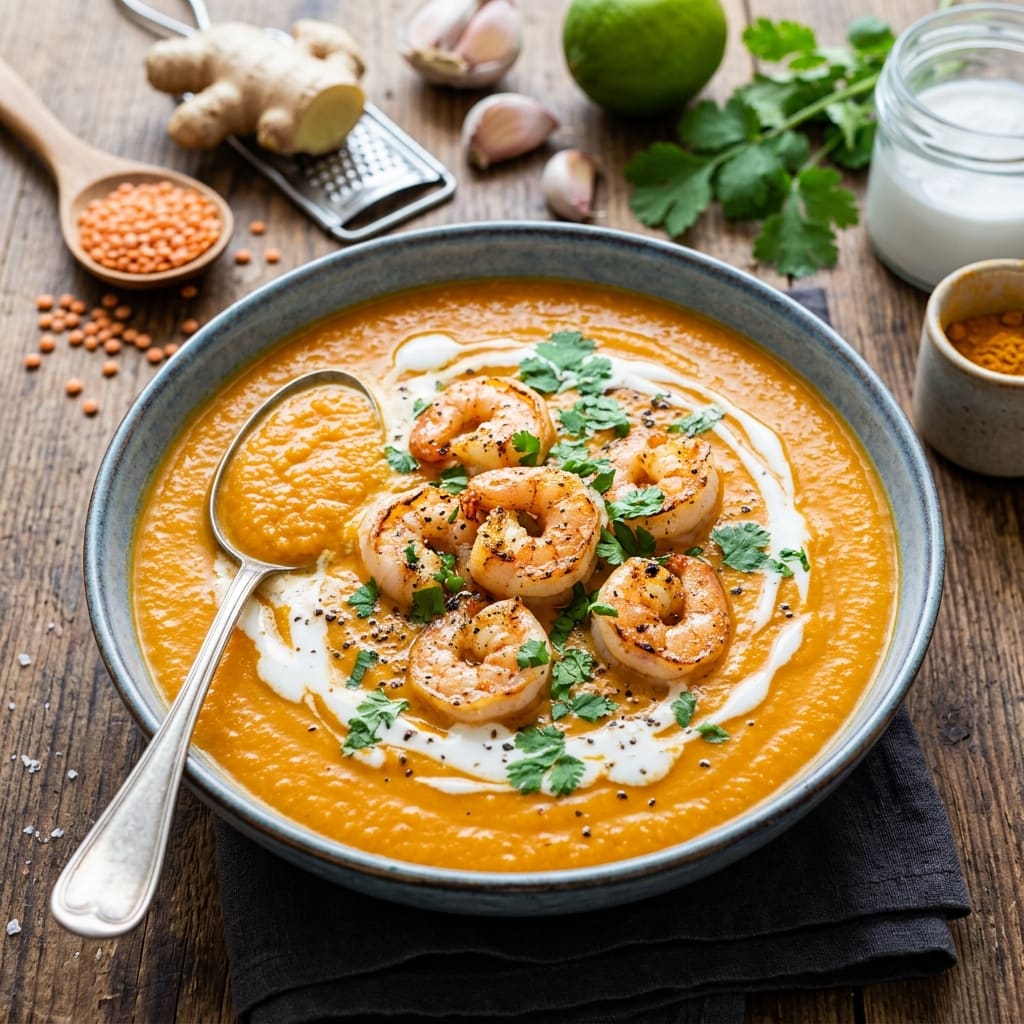 Velouté de lentilles corail au curcuma & crevettes poêlées au gingembre, touche de coco