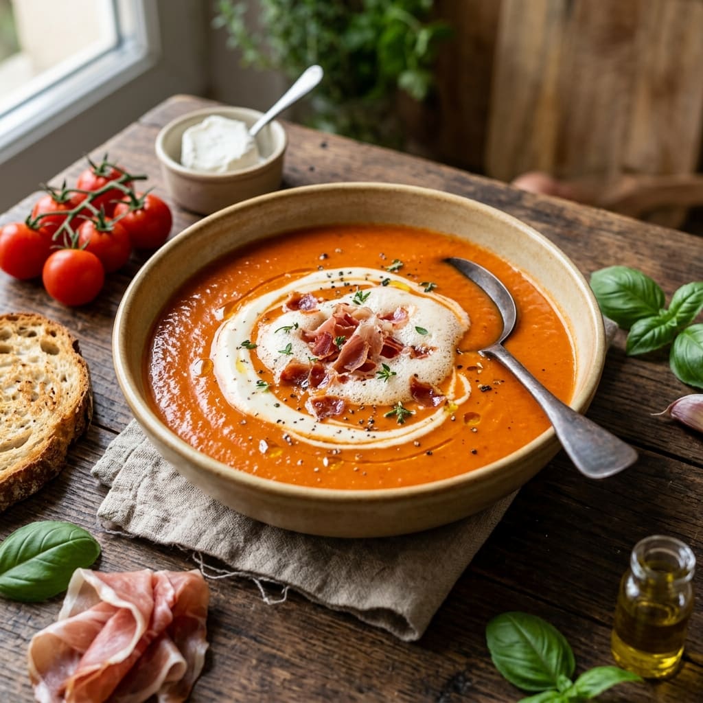 Velouté de tomate rôtie au lait de chèvre et émulsion de jambon cru