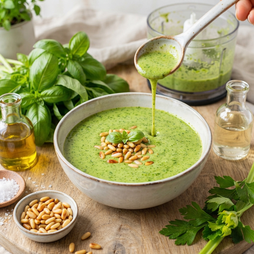 Vinaigrette Émulsionnée au Basilic Sacré et Pignons Dorés