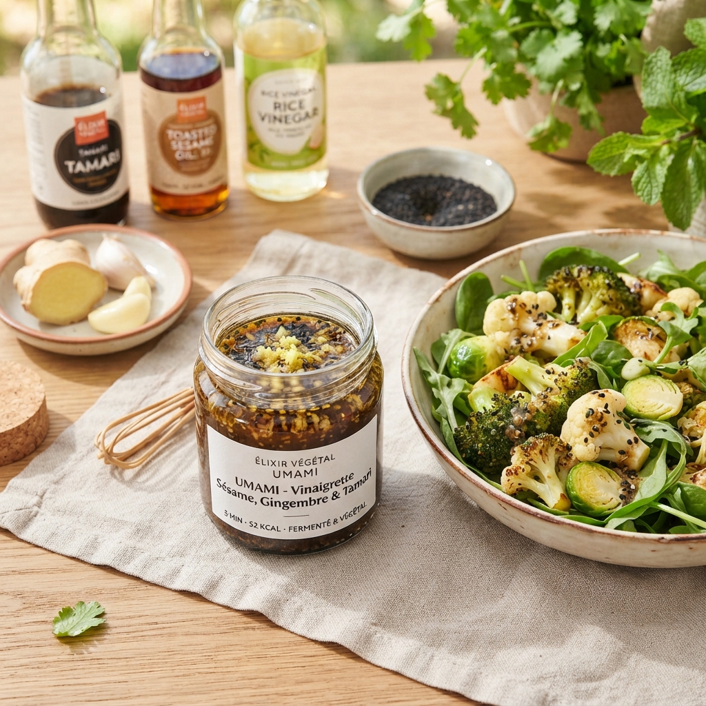 Élixir Végétal Umami : Vinaigrette Sésame, Gingembre et Tamari