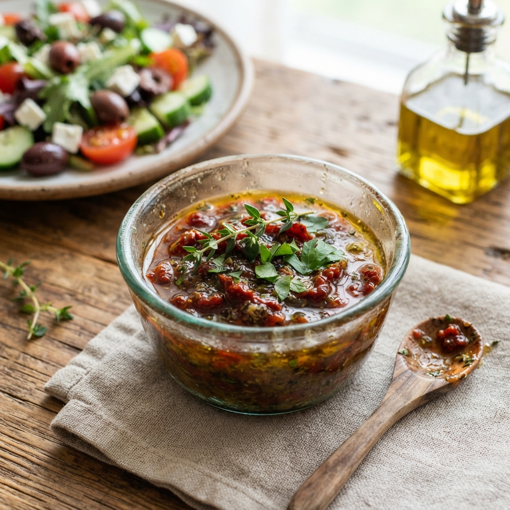 Vinaigrette Umami aux Tomates Séchées, Origan Sauvage et Infusion Végétale