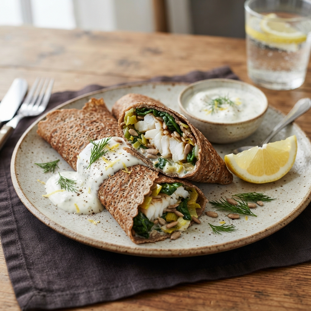 Wrap cabillaud, épinards, poireaux & sauce citron-aneth