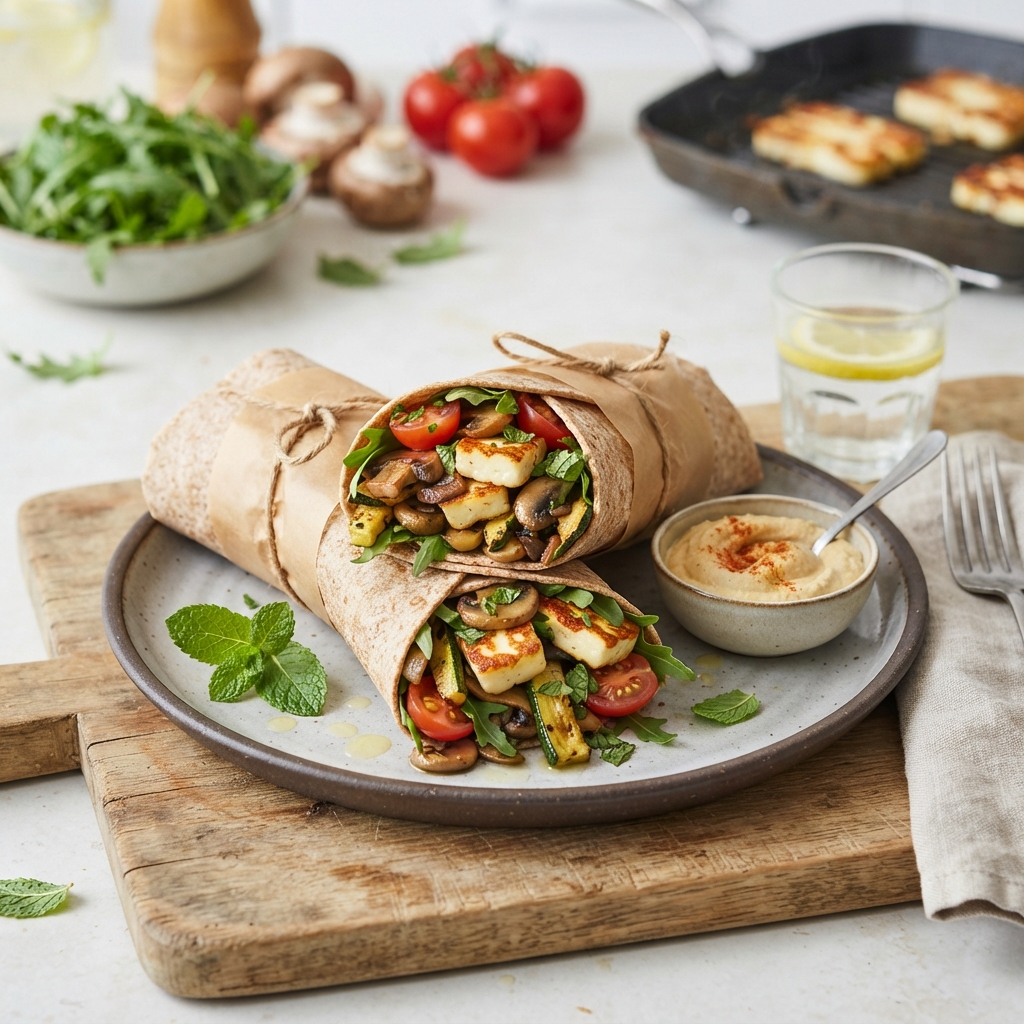 Wrap champignons, halloumi & roquette