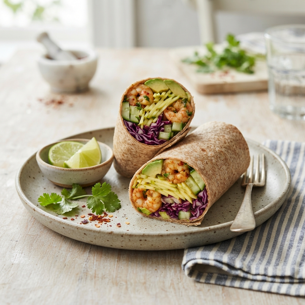 Wrap crevettes, mangue verte & avocat