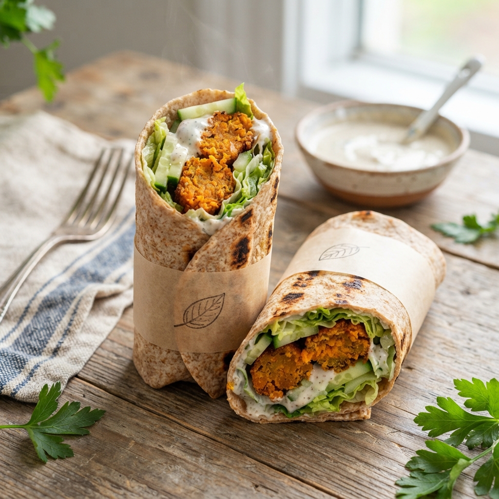 Wrap Falafels de Patate Douce, Crudités Fraîches et Tahini