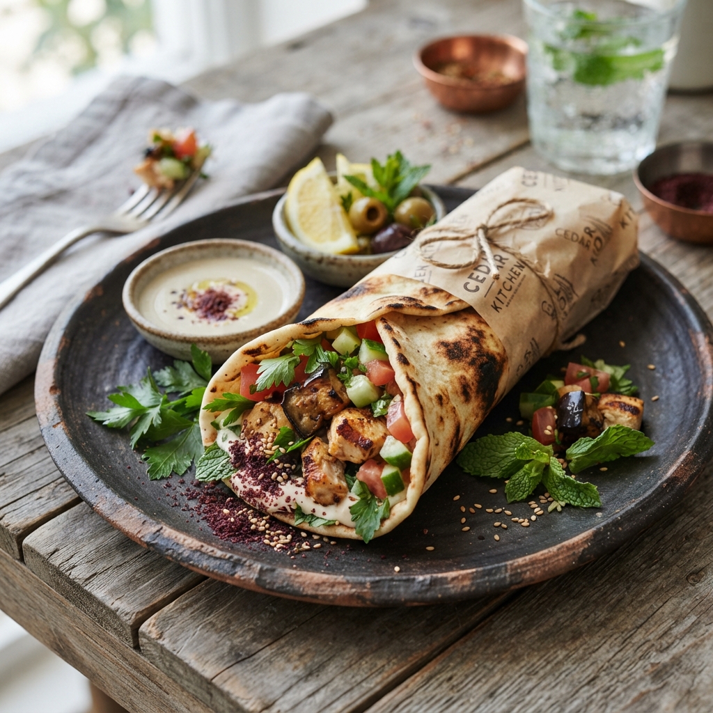 Wrap libanais poulet, aubergine & tahini