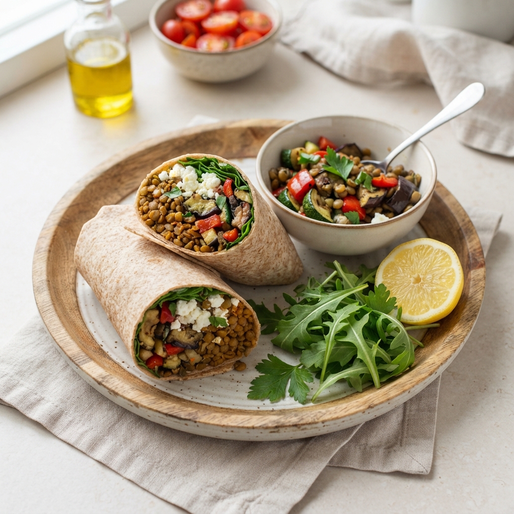 Wrap Méditerranéen Lentilles, Feta & Légumes Grillés
