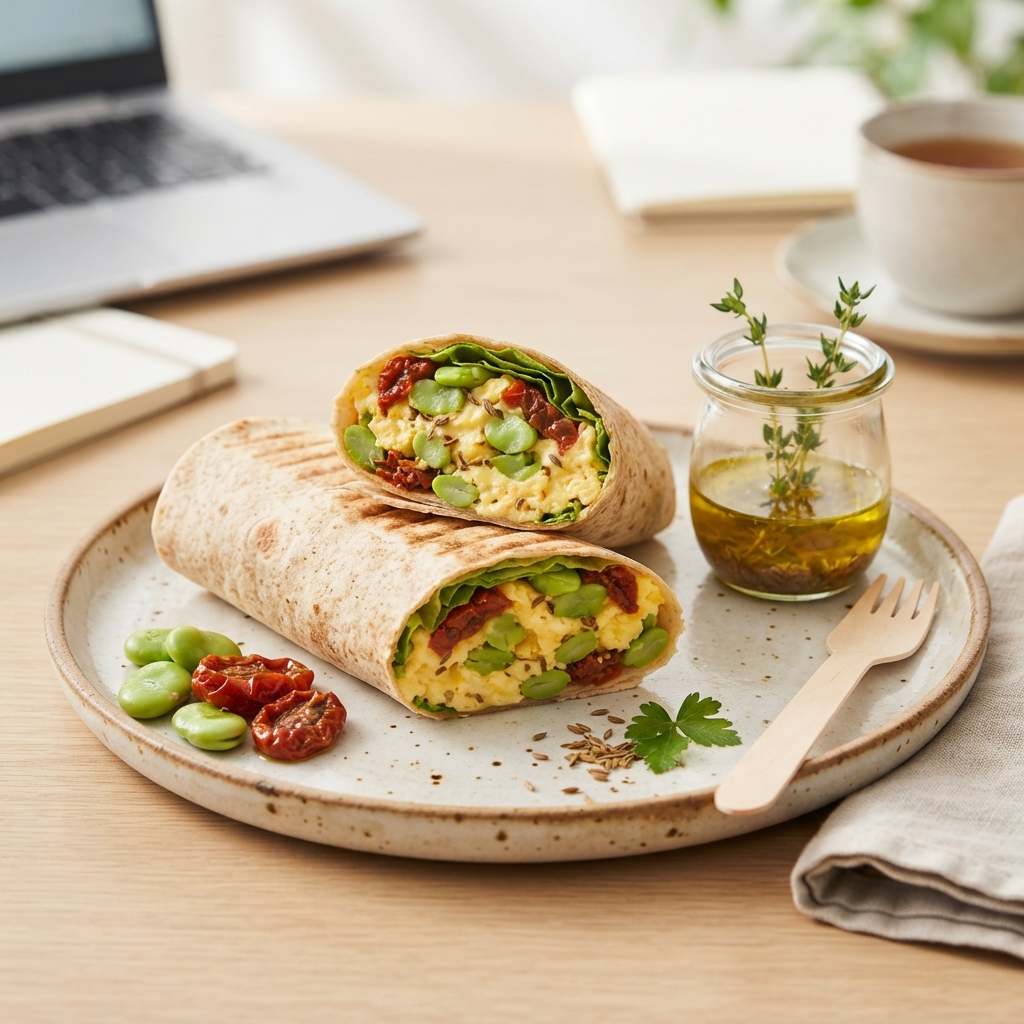 Wrap de bureau d'Œufs Brouillés aux Fèves, Cumin et Tomates Confites