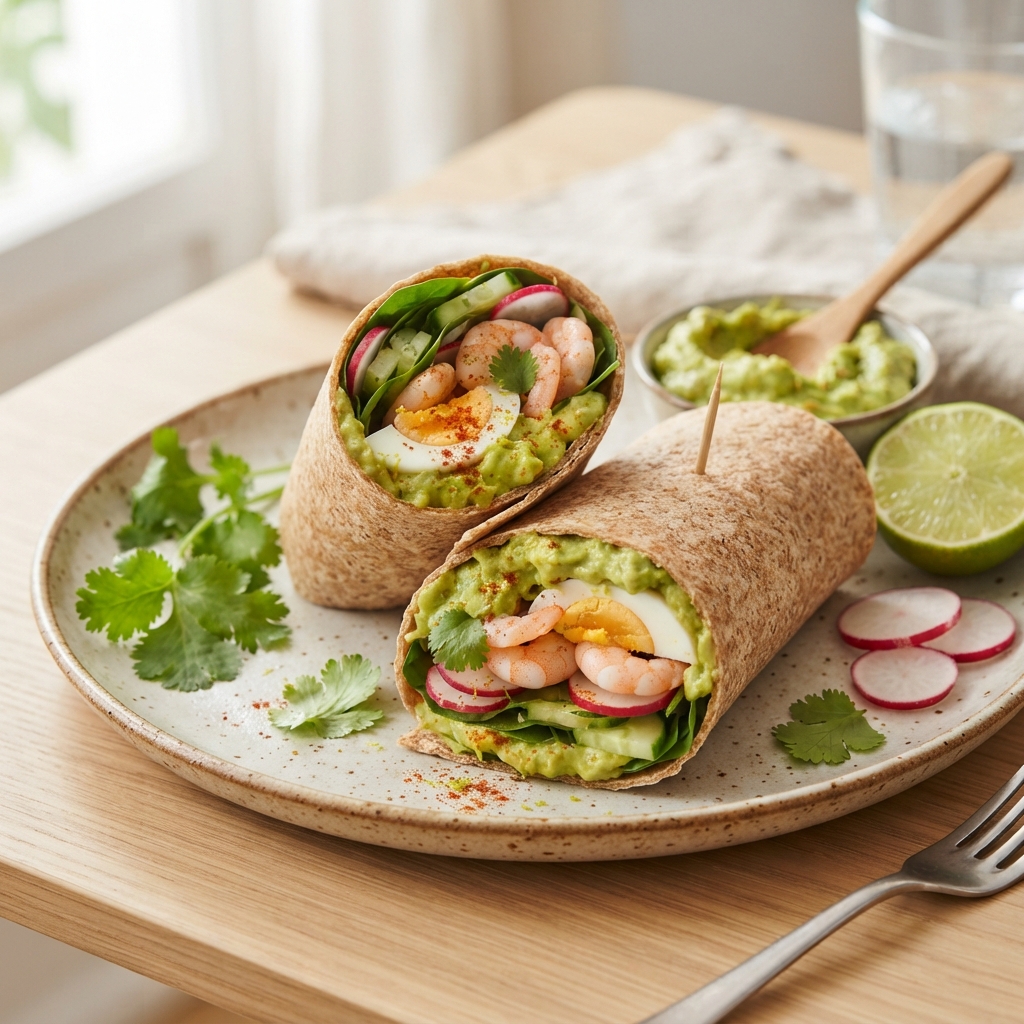 Wrap œufs, crevettes & guacamole