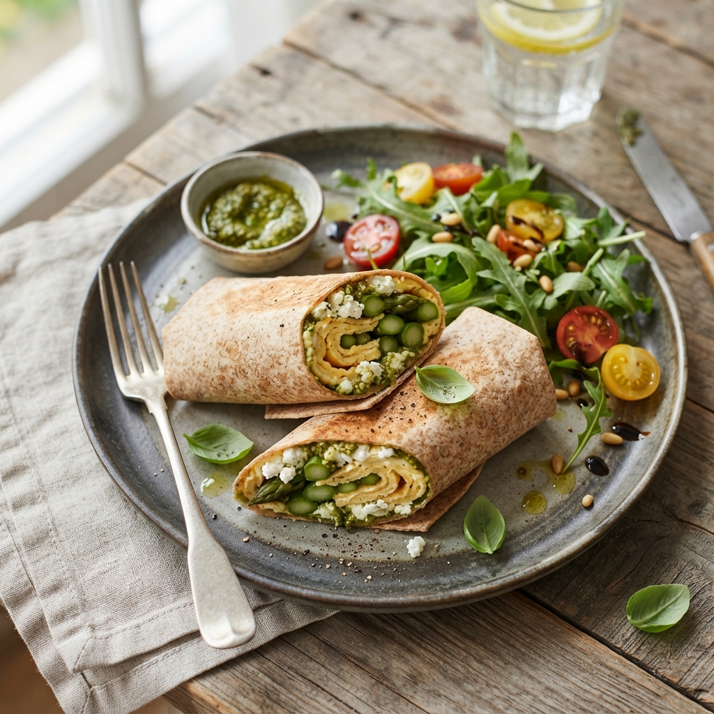 Wrap omelette, asperges, chèvre frais & pesto