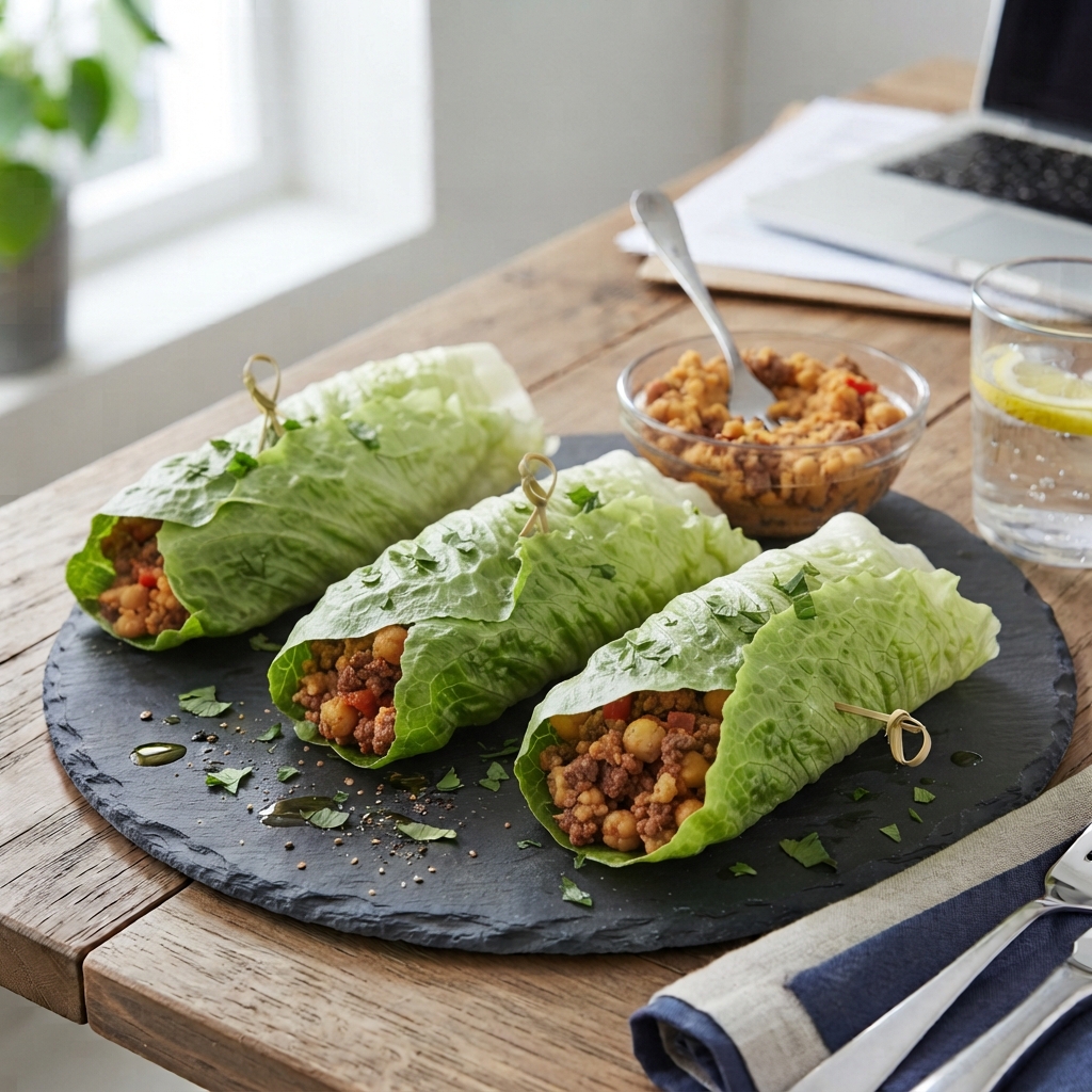 Wraps croquants de laitue romaine au bœuf épicé, émulsion de pois chiches et poivrons confits